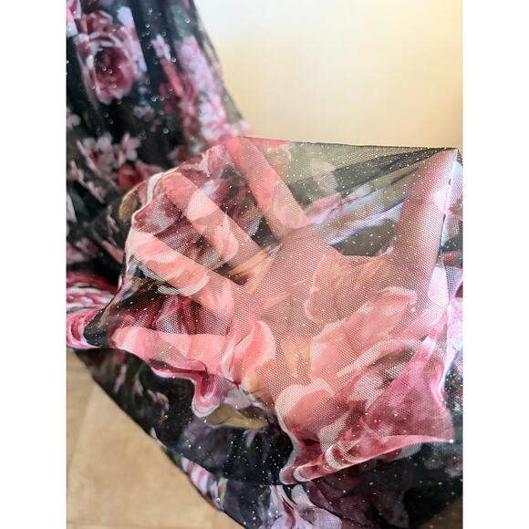 City Triangles Floral Maxi Dress Black Pink Sheer Overlay Size 11 Formal Gown - Picture 3 of 8